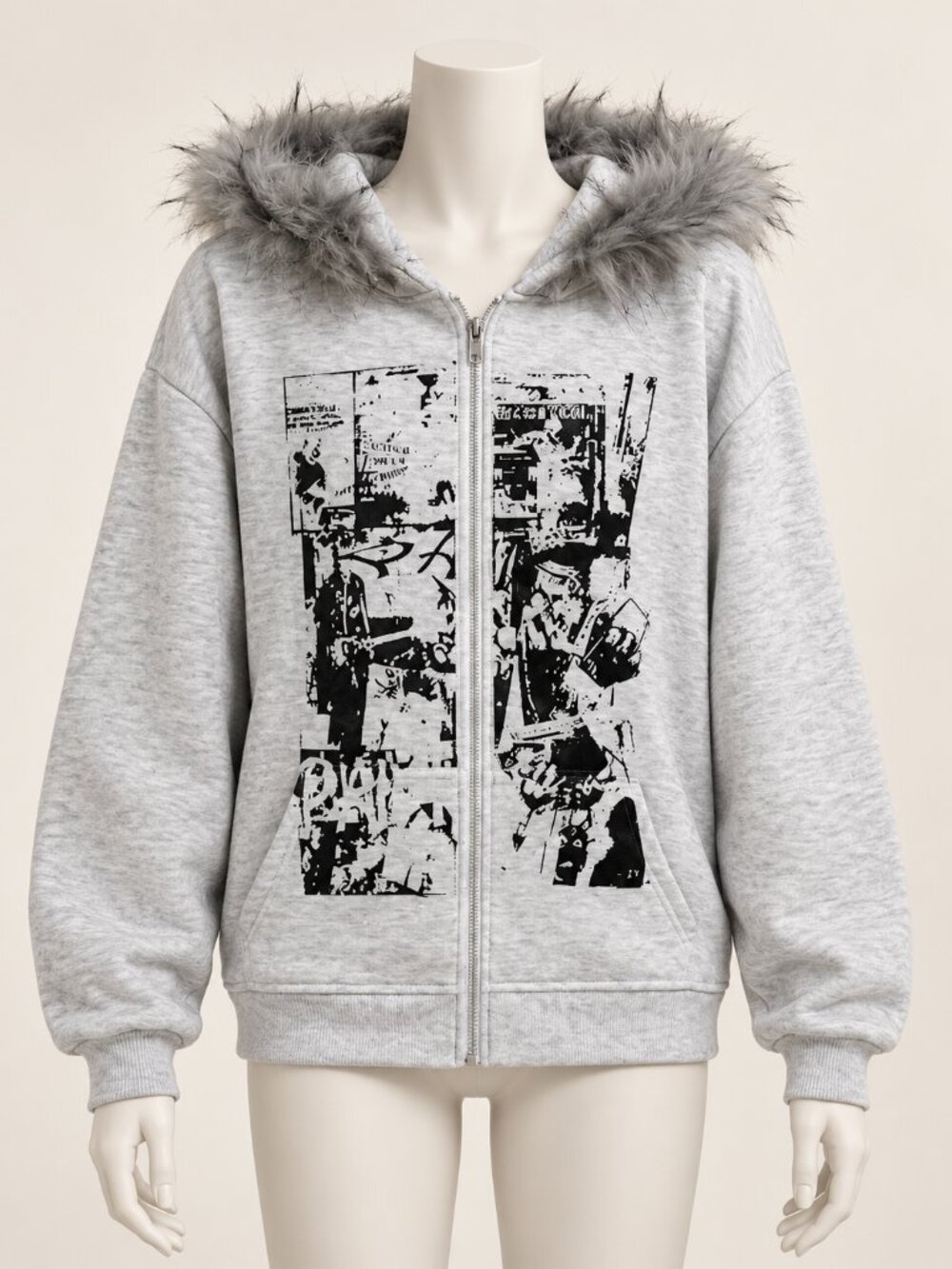 Gray Graphic Zip Up Hoodie Fluffy Trim Hood Y2K Grunge Streetwear